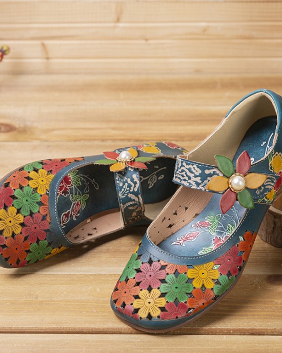 SOCOFY Natural Flowers Hollow Out Cowhide Leather Comfy Breathable Wearable Casual Flat Shoes SOCOFY Natural Flowers Hollow Out Cowhide Leather Comfy Breathable Wearable Casual Flat Shoes