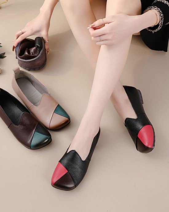 Women Casual Retro Colorblock Genuine Leather Soft Comfortable Lazy Flat Shoes Women Casual Retro Colorblock Genuine Leather Soft Comfortable Lazy Flat Shoes