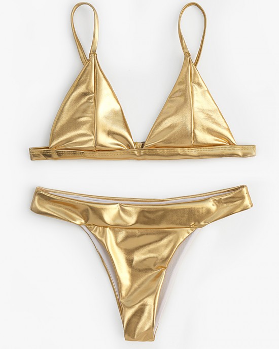 Women Triangle Bronzing Solid Color Thong Bikini Women Triangle Bronzing Solid Color Thong Bikini
