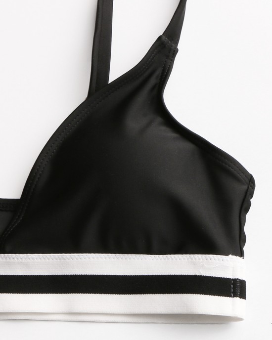 Women Striped Trim Spaghetti Straps Backless Bikini Thong Swimsuit Women Striped Trim Spaghetti Straps Backless Bikini Thong Swimsuit