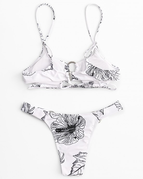 Women Simple Plant Print Hollow Ring Backless Swimsuit Thong Bikini For Swimming Women Simple Plant Print Hollow Ring Backless Swimsuit Thong Bikini For Swimming