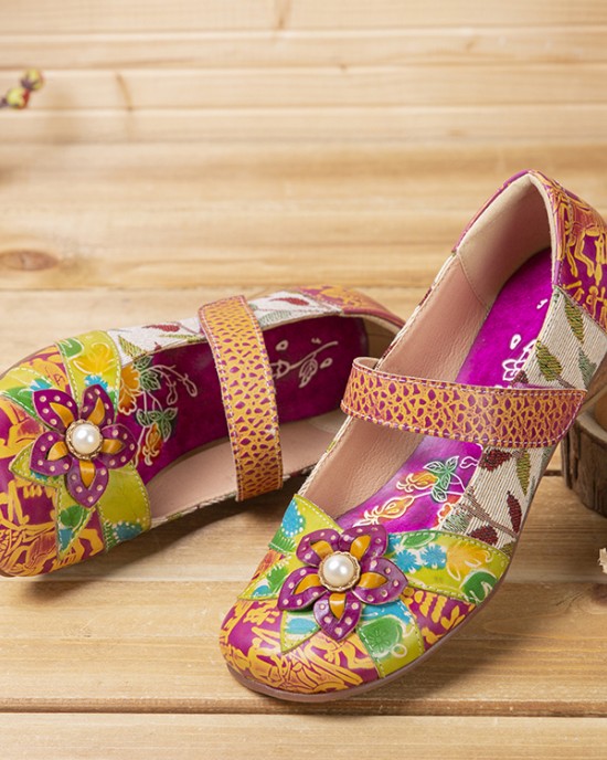 SOCOFY Retro Flower Decor Printed Cowhide Leather Stitching Cloth Comfy Round Toe Casual Flat Shoes SOCOFY Retro Flower Decor Printed Cowhide Leather Stitching Cloth Comfy Round Toe Casual Flat Shoes