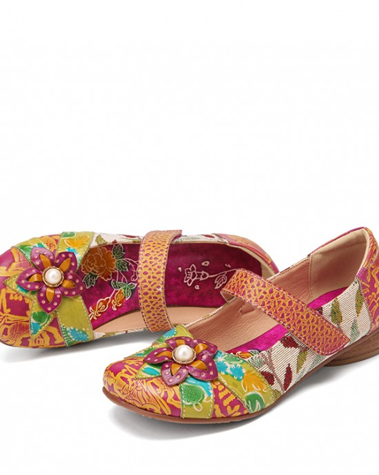 SOCOFY Retro Flower Decor Printed Cowhide Leather Stitching Cloth Comfy Round Toe Casual Flat Shoes SOCOFY Retro Flower Decor Printed Cowhide Leather Stitching Cloth Comfy Round Toe Casual Flat Shoes