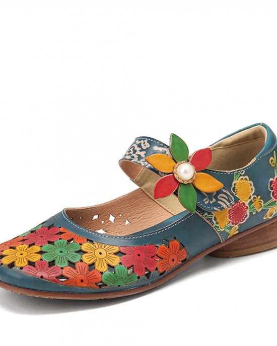 SOCOFY Natural Flowers Hollow Out Cowhide Leather Comfy Breathable Wearable Casual Flat Shoes SOCOFY Natural Flowers Hollow Out Cowhide Leather Comfy Breathable Wearable Casual Flat Shoes