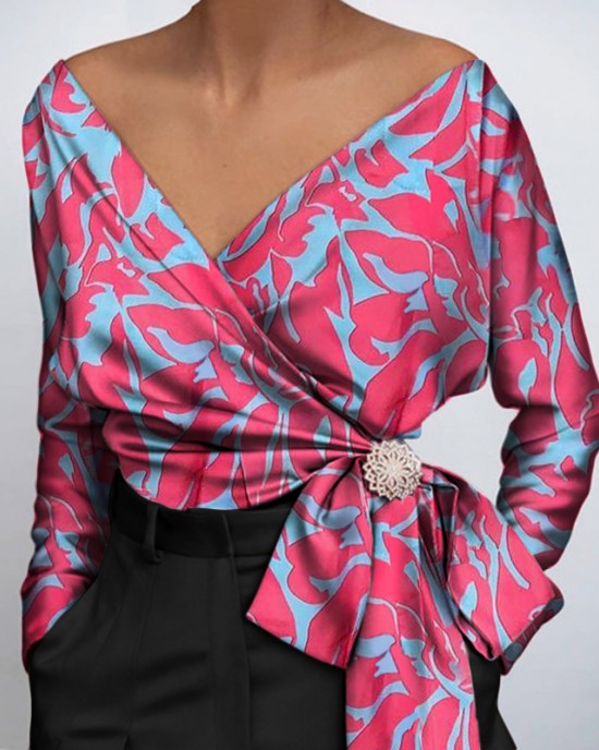 women shirt Satin Blouse Print Blouses Sexy Belt Top Elegant HF2813-02-01 women shirt Satin Blouse Print Blouses Sexy Belt Top Elegant HF2813-02-01