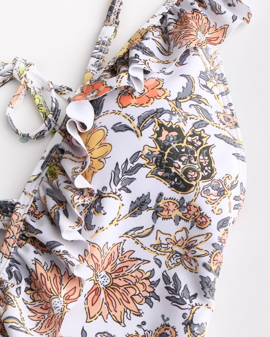 Women Design Floral Print String Ruffles Straps One Piece Backless Swimwear Women Design Floral Print String Ruffles Straps One Piece Backless Swimwear