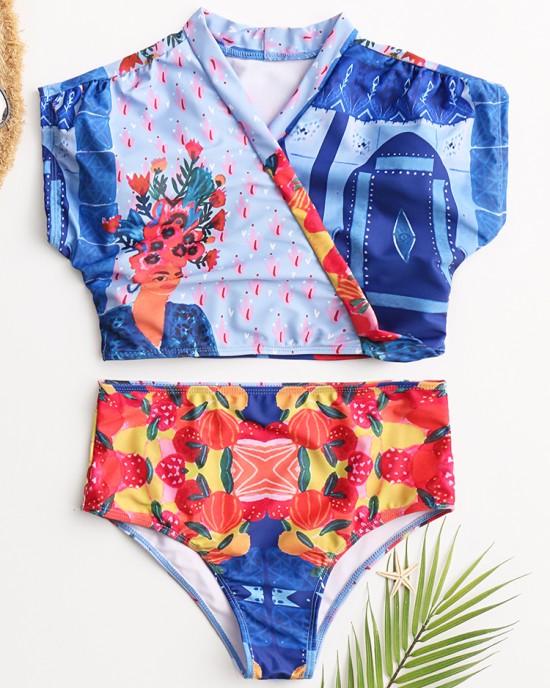 Women Tropical Leaves Print Swimsuit String Short Sleeve High Waist Bikini Women Tropical Leaves Print Swimsuit String Short Sleeve High Waist Bikini