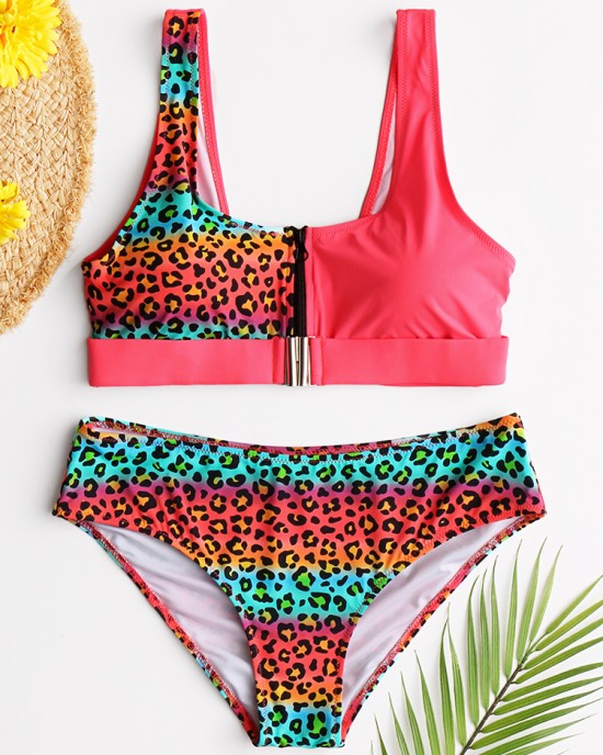 Women Leopard Patchwork Front Zipper Bikini Backless Swimwear Women Leopard Patchwork Front Zipper Bikini Backless Swimwear