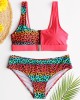 Women Leopard Patchwork Front Zipper Bikini Backless Swimwear Women Leopard Patchwork Front Zipper Bikini Backless Swimwear