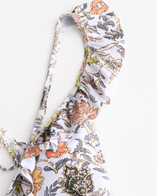 Women Design Floral Print String Ruffles Straps One Piece Backless Swimwear Women Design Floral Print String Ruffles Straps One Piece Backless Swimwear