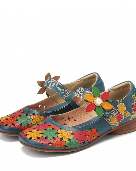 SOCOFY Natural Flowers Hollow Out Cowhide Leather Comfy Breathable Wearable Casual Flat Shoes SOCOFY Natural Flowers Hollow Out Cowhide Leather Comfy Breathable Wearable Casual Flat Shoes