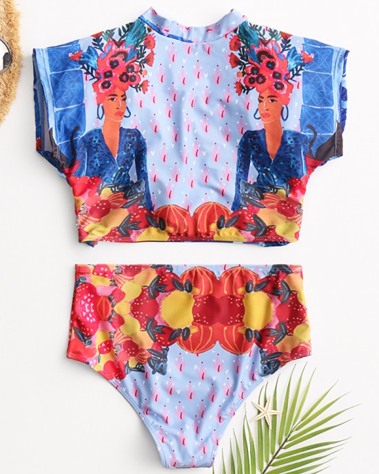 Women Tropical Leaves Print Swimsuit String Short Sleeve High Waist Bikini Women Tropical Leaves Print Swimsuit String Short Sleeve High Waist Bikini