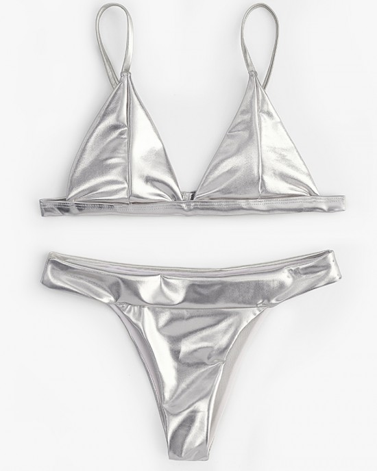 Women Triangle Bronzing Solid Color Thong Bikini Women Triangle Bronzing Solid Color Thong Bikini