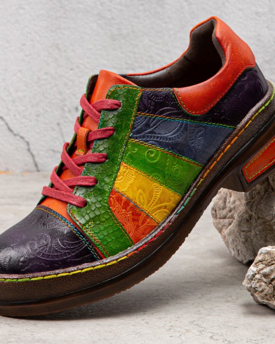 Casual Lace Up Rainbow Print Stitching Loafers Shoes Women’s Leather Comfy Flats Casual Lace Up Rainbow Print Stitching Loafers Shoes Women’s Leather Comfy Flats