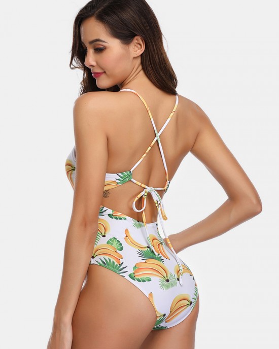 Women Banana Print Criss Cross Spaghetti Straps One Piece Beach Swimwear Women Banana Print Criss Cross Spaghetti Straps One Piece Beach Swimwear