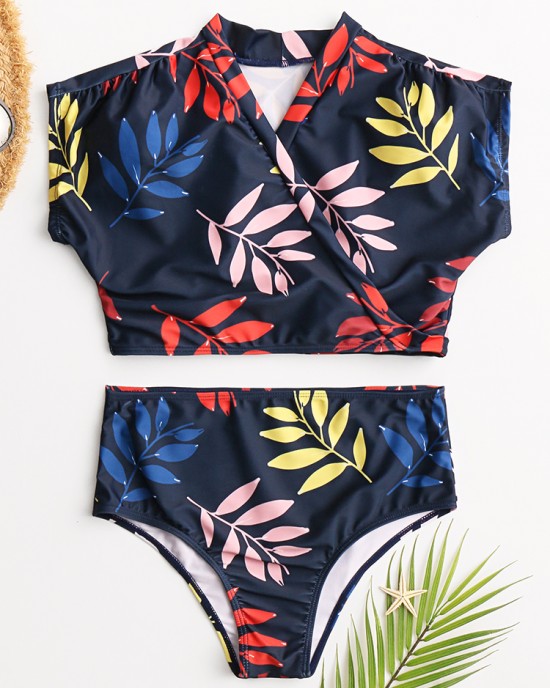 Women Tropical Leaves Print Swimsuit String Short Sleeve High Waist Bikini Women Tropical Leaves Print Swimsuit String Short Sleeve High Waist Bikini