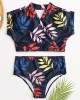 Women Tropical Leaves Print Swimsuit String Short Sleeve High Waist Bikini Women Tropical Leaves Print Swimsuit String Short Sleeve High Waist Bikini