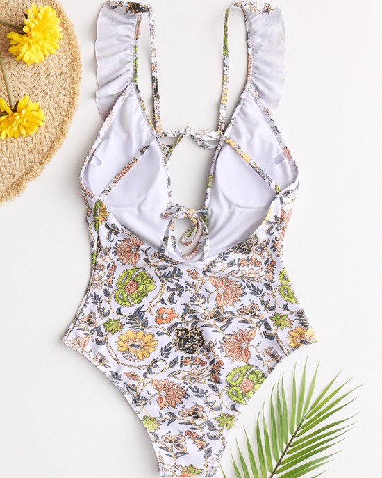 Women Design Floral Print String Ruffles Straps One Piece Backless Swimwear Women Design Floral Print String Ruffles Straps One Piece Backless Swimwear