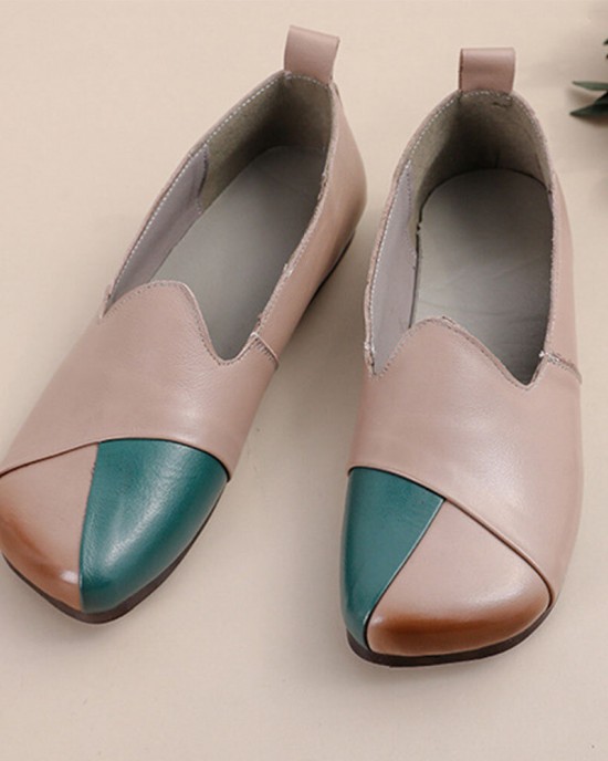 Women Casual Retro Colorblock Genuine Leather Soft Comfortable Lazy Flat Shoes Women Casual Retro Colorblock Genuine Leather Soft Comfortable Lazy Flat Shoes