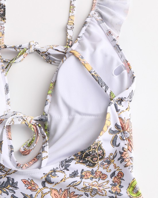 Women Design Floral Print String Ruffles Straps One Piece Backless Swimwear Women Design Floral Print String Ruffles Straps One Piece Backless Swimwear