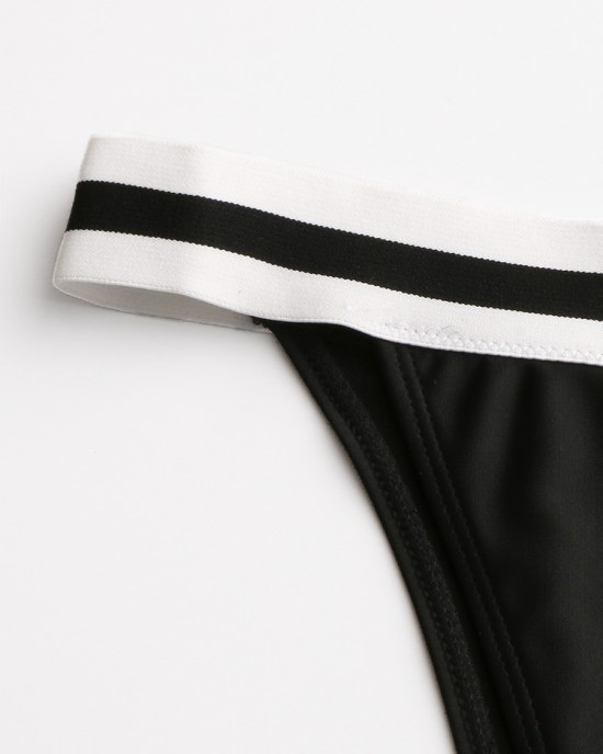 Women Striped Trim Spaghetti Straps Backless Bikini Thong Swimsuit Women Striped Trim Spaghetti Straps Backless Bikini Thong Swimsuit
