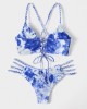 Women Tie Dye Criss Cross Back Bandage Backless High Fork Bikini Women Tie Dye Criss Cross Back Bandage Backless High Fork Bikini