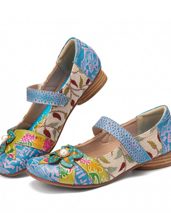 SOCOFY Retro Flower Decor Printed Cowhide Leather Stitching Cloth Comfy Round Toe Casual Flat Shoes SOCOFY Retro Flower Decor Printed Cowhide Leather Stitching Cloth Comfy Round Toe Casual Flat Shoes