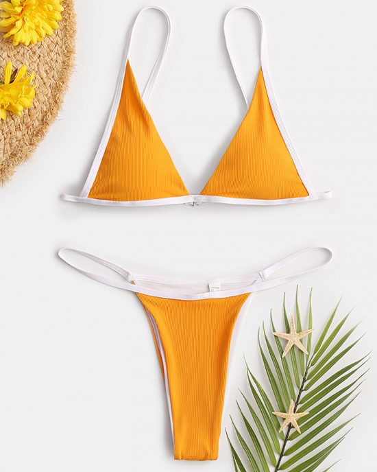 Women Triangle Rib Solid Color Thong Bikini Backless Swimwear Women Triangle Rib Solid Color Thong Bikini Backless Swimwear