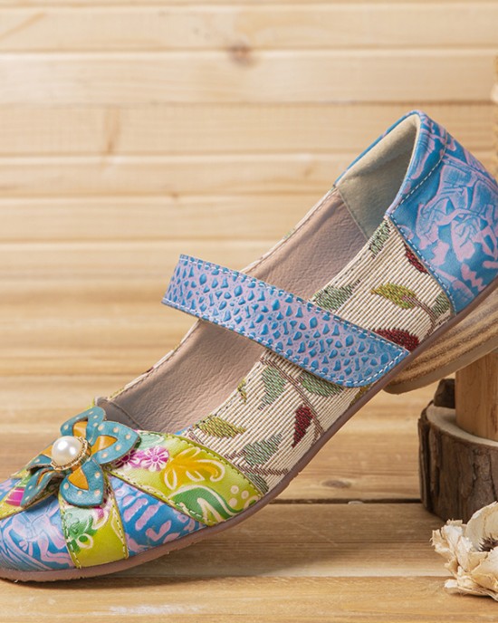 SOCOFY Retro Flower Decor Printed Cowhide Leather Stitching Cloth Comfy Round Toe Casual Flat Shoes SOCOFY Retro Flower Decor Printed Cowhide Leather Stitching Cloth Comfy Round Toe Casual Flat Shoes