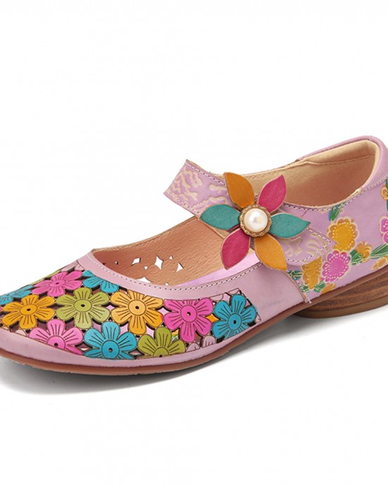 SOCOFY Natural Flowers Hollow Out Cowhide Leather Comfy Breathable Wearable Casual Flat Shoes SOCOFY Natural Flowers Hollow Out Cowhide Leather Comfy Breathable Wearable Casual Flat Shoes
