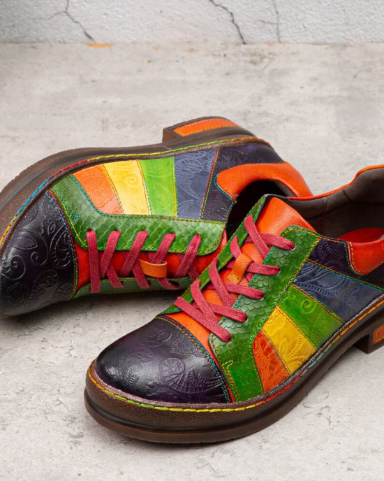 Casual Lace Up Rainbow Print Stitching Loafers Shoes Women’s Leather Comfy Flats Casual Lace Up Rainbow Print Stitching Loafers Shoes Women’s Leather Comfy Flats