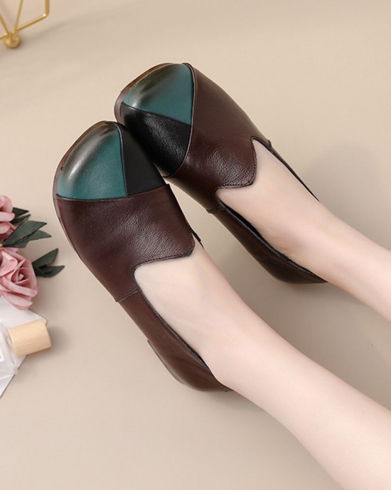 Women Casual Retro Colorblock Genuine Leather Soft Comfortable Lazy Flat Shoes Women Casual Retro Colorblock Genuine Leather Soft Comfortable Lazy Flat Shoes