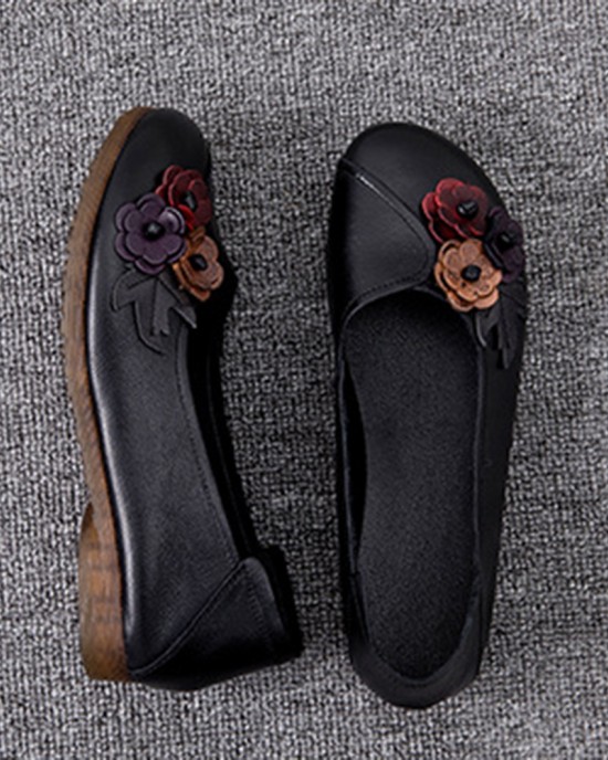 Women Vintage Floral Round Toe Genuine Leather Soft Sole Slip On Comfy Flats Women Vintage Floral Round Toe Genuine Leather Soft Sole Slip On Comfy Flats