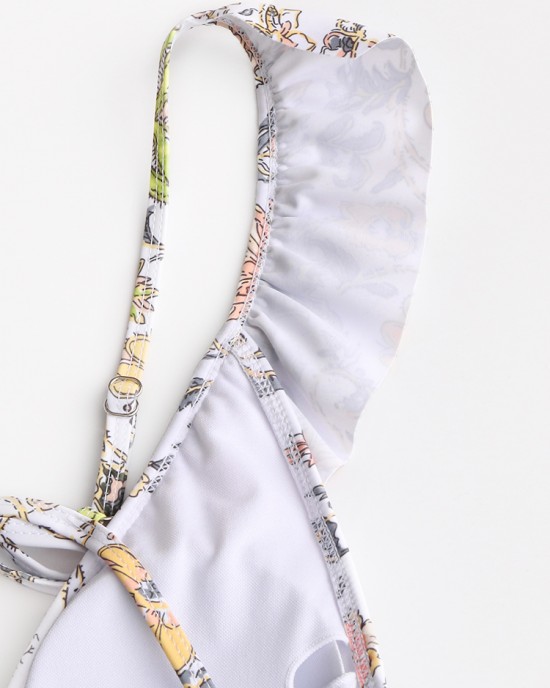 Women Design Floral Print String Ruffles Straps One Piece Backless Swimwear Women Design Floral Print String Ruffles Straps One Piece Backless Swimwear