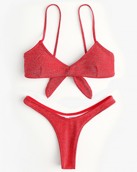 Women Solid Color Back Tie Spaghetti Straps Backless Swimwear Thong Bikini Women Solid Color Back Tie Spaghetti Straps Backless Swimwear Thong Bikini