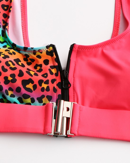 Women Leopard Patchwork Front Zipper Bikini Backless Swimwear Women Leopard Patchwork Front Zipper Bikini Backless Swimwear