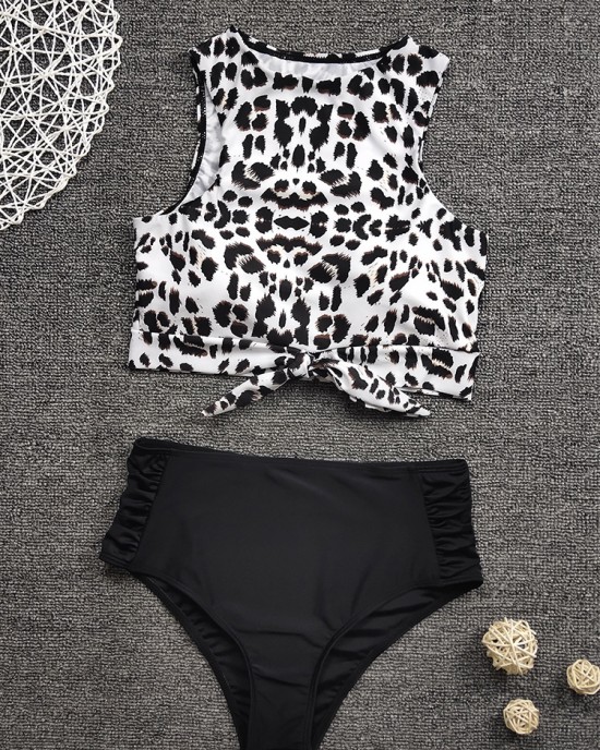Women Leopard Print Tie Front High Neck Hot High Waist Bikini Women Leopard Print Tie Front High Neck Hot High Waist Bikini