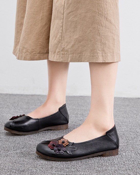 Women Vintage Floral Round Toe Genuine Leather Soft Sole Slip On Comfy Flats Women Vintage Floral Round Toe Genuine Leather Soft Sole Slip On Comfy Flats
