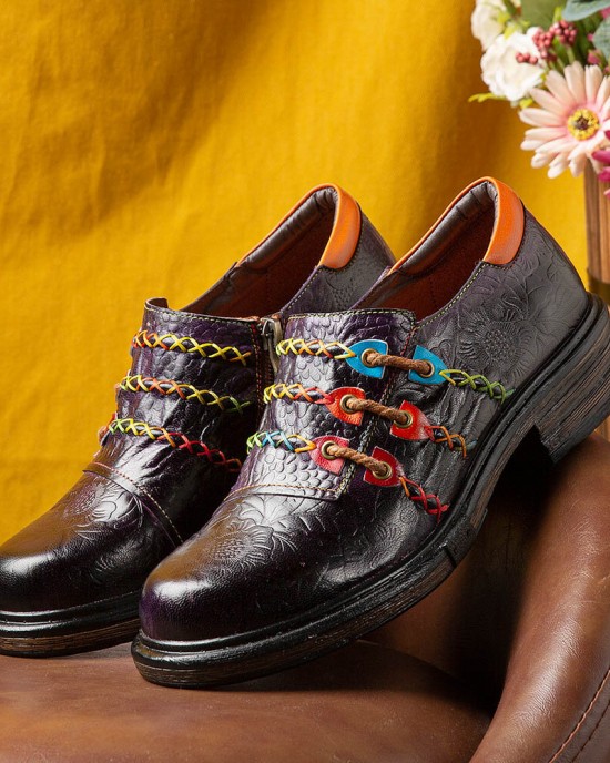 Retro Ethnic Loafers Shoes Printed Embossed Patched Stitching Leather Side Zipper Flats Retro Ethnic Loafers Shoes Printed Embossed Patched Stitching Leather Side Zipper Flats