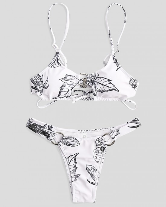 Women Simple Plant Print Hollow Ring Backless Swimsuit Thong Bikini For Swimming Women Simple Plant Print Hollow Ring Backless Swimsuit Thong Bikini For Swimming