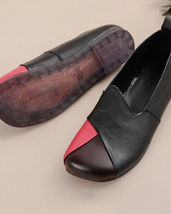 Women Casual Retro Colorblock Genuine Leather Soft Comfortable Lazy Flat Shoes Women Casual Retro Colorblock Genuine Leather Soft Comfortable Lazy Flat Shoes