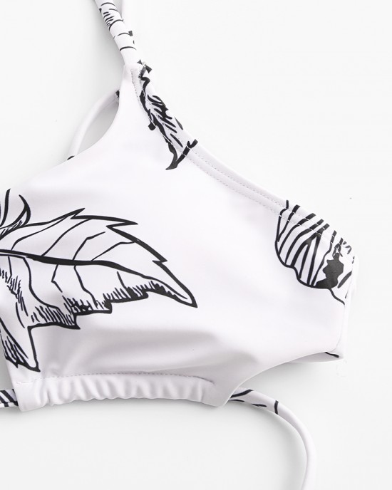 Women Simple Plant Print Hollow Ring Backless Swimsuit Thong Bikini For Swimming Women Simple Plant Print Hollow Ring Backless Swimsuit Thong Bikini For Swimming