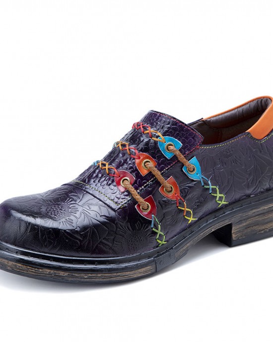 Retro Ethnic Loafers Shoes Printed Embossed Patched Stitching Leather Side Zipper Flats Retro Ethnic Loafers Shoes Printed Embossed Patched Stitching Leather Side Zipper Flats