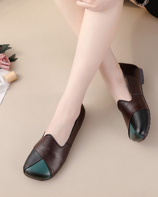 Women Casual Retro Colorblock Genuine Leather Soft Comfortable Lazy Flat Shoes Women Casual Retro Colorblock Genuine Leather Soft Comfortable Lazy Flat Shoes