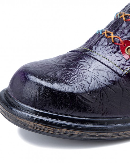Retro Ethnic Loafers Shoes Printed Embossed Patched Stitching Leather Side Zipper Flats Retro Ethnic Loafers Shoes Printed Embossed Patched Stitching Leather Side Zipper Flats