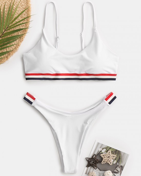 Women Striped Trim Swimwear Thong Bikinis Women Striped Trim Swimwear Thong Bikinis