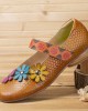 SOCOFY Flowers Decor Dot Printed Cowhide Leather Retro Ankle Strap Hook Loop Comfy Casual Flat Shoes SOCOFY Flowers Decor Dot Printed Cowhide Leather Retro Ankle Strap Hook Loop Comfy Casual Flat Shoes