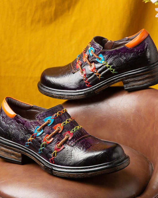 Retro Ethnic Loafers Shoes Printed Embossed Patched Stitching Leather Side Zipper Flats Retro Ethnic Loafers Shoes Printed Embossed Patched Stitching Leather Side Zipper Flats