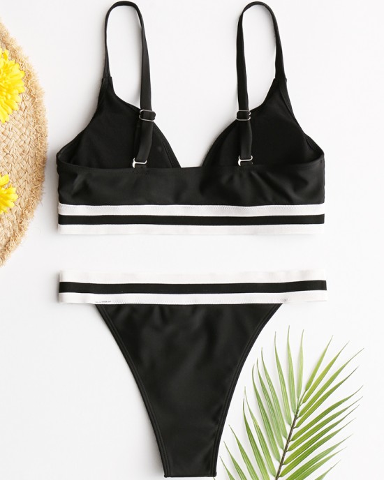 Women Striped Trim Spaghetti Straps Backless Bikini Thong Swimsuit Women Striped Trim Spaghetti Straps Backless Bikini Thong Swimsuit