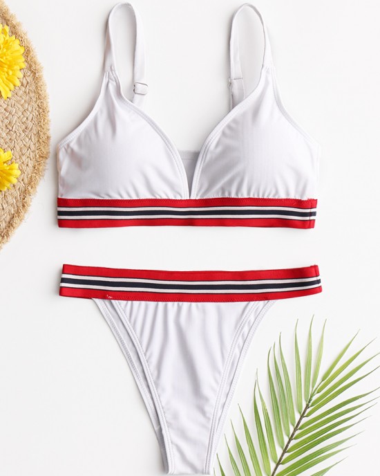 Women Striped Trim Spaghetti Straps Backless Bikini Thong Swimsuit Women Striped Trim Spaghetti Straps Backless Bikini Thong Swimsuit